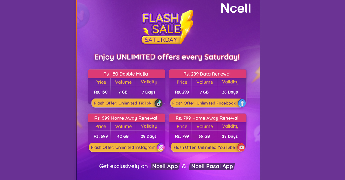 एनसेलकाे नयाँ फ्ल्याश सेल्स अफर, शनिबार डेटा प्याक खरिद गर्दा अनलिमिटेड सुविधा पाइने