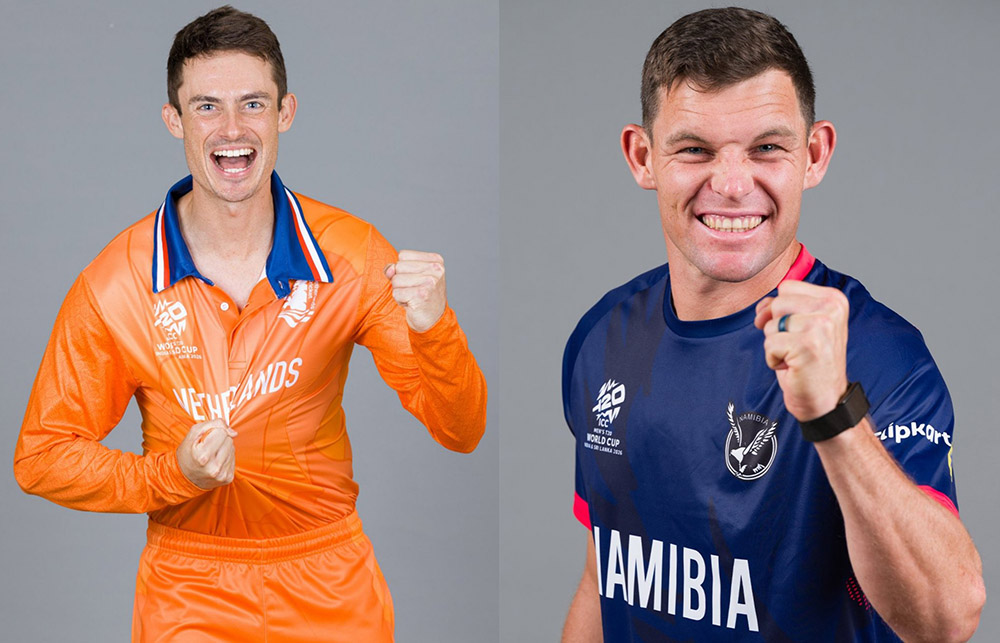 टी–२० विश्वकप: नामिबियाविरुद्ध टस जितेर फिल्डिङ गर्दै नेदरल्याण्डस