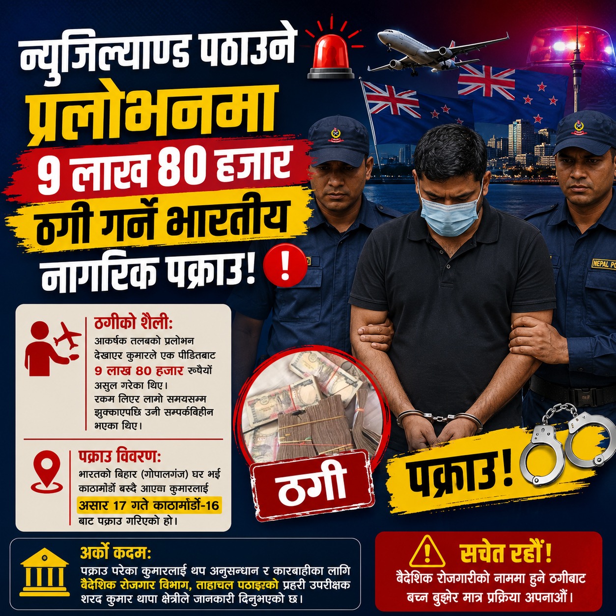 न्युजिल्याण्ड पठाउने भन्दै ९ लाख ८० हजार ठगी गर्ने भारतीय नागरिक पक्राउ