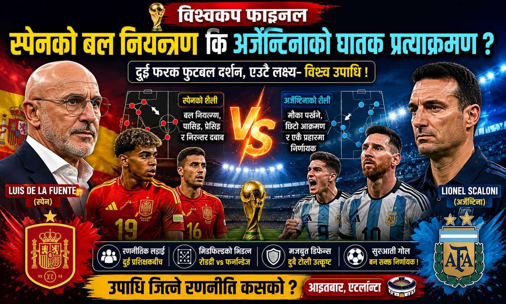 विश्वकप फाइनलमा रणनीतिक युद्ध : स्पेनको बल नियन्त्रण कि अर्जेन्टिनाको घातक प्रत्याक्रमण ?