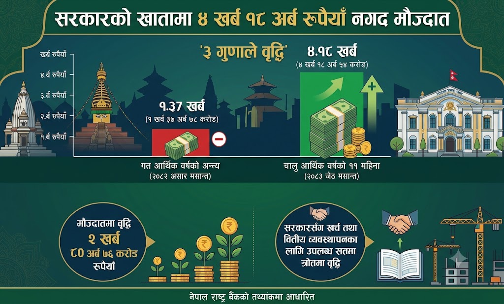 सरकारको खातामा ४ खर्ब १८ अर्ब रुपैयाँ नगद मौज्दात