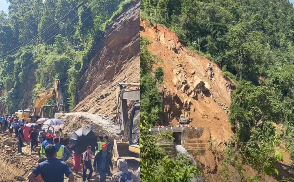 छहरामा ठूलो ढुंगासहितको पहिरो खसेपछि पृथ्वी राजमार्ग अवरुद्ध